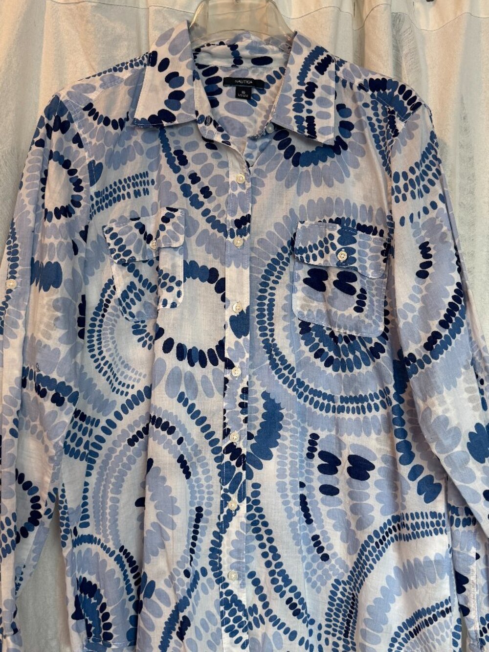 Nautica Women's Blue Dot Button-up Utiity Sleeves Shirt 16